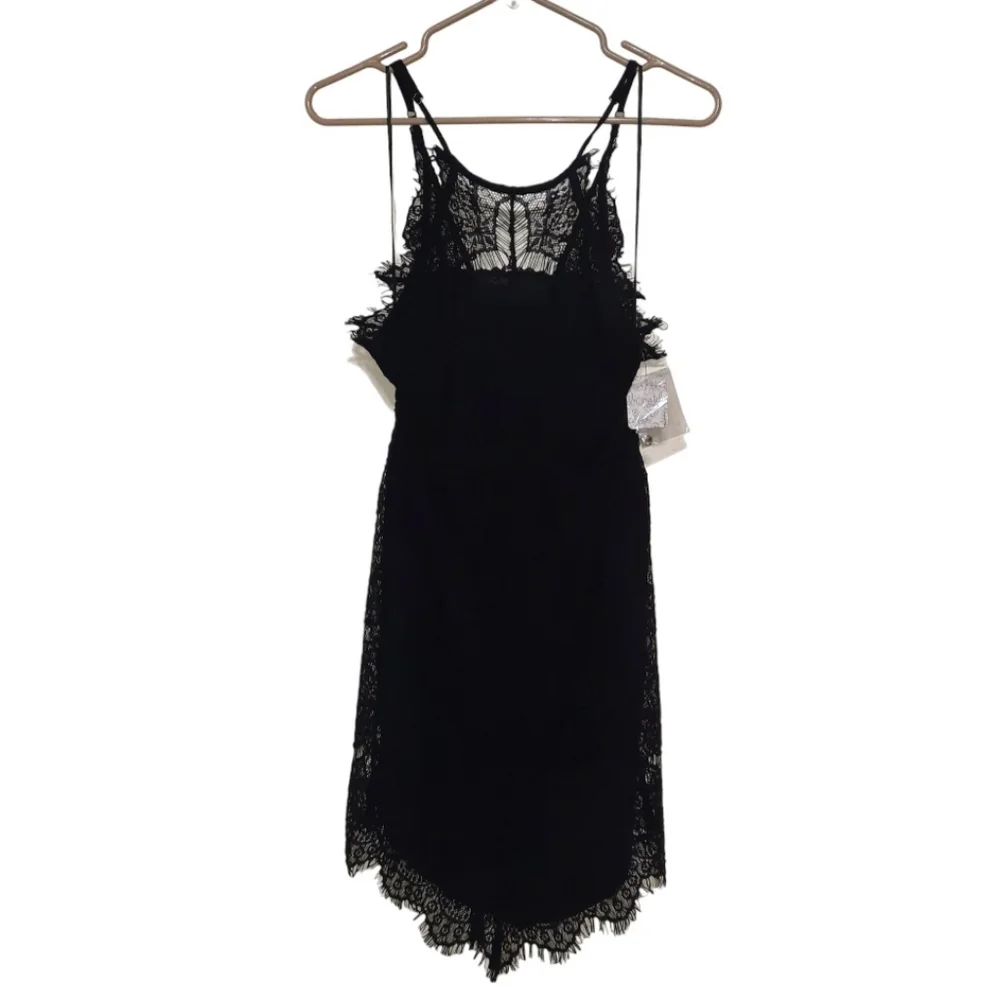 FREE PEOPLE Lace Mini Dress Slip Bodycon Eyelash Lace Halter Black LBD XS 0 2 - Picture 4 of 10